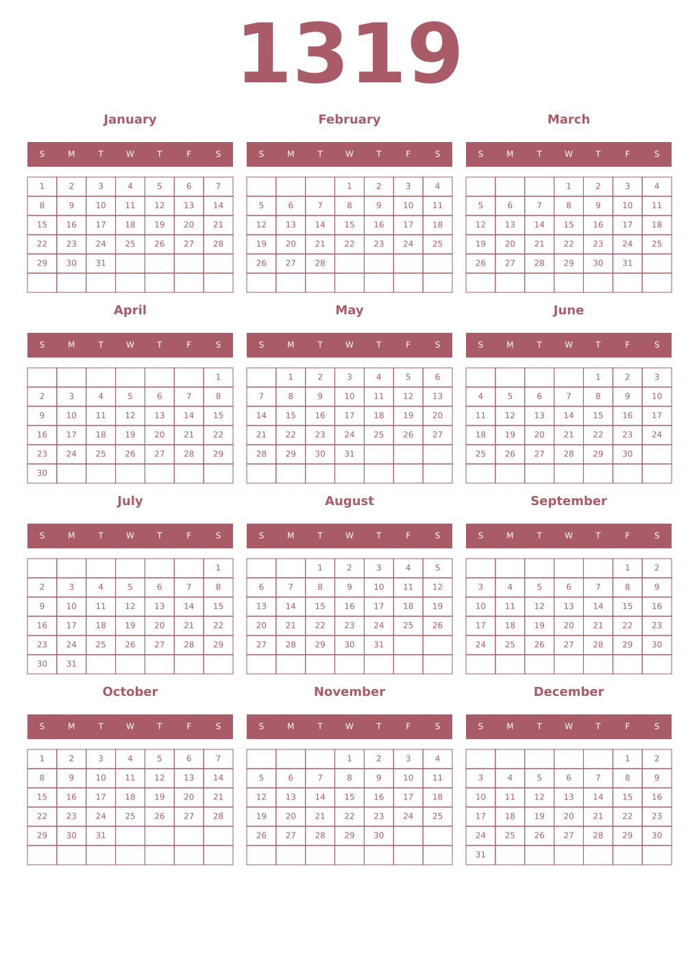 Printable 1319 Year Calendars puce