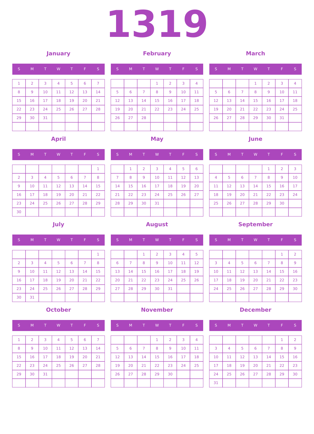 Printable 1319 Year Calendars purple