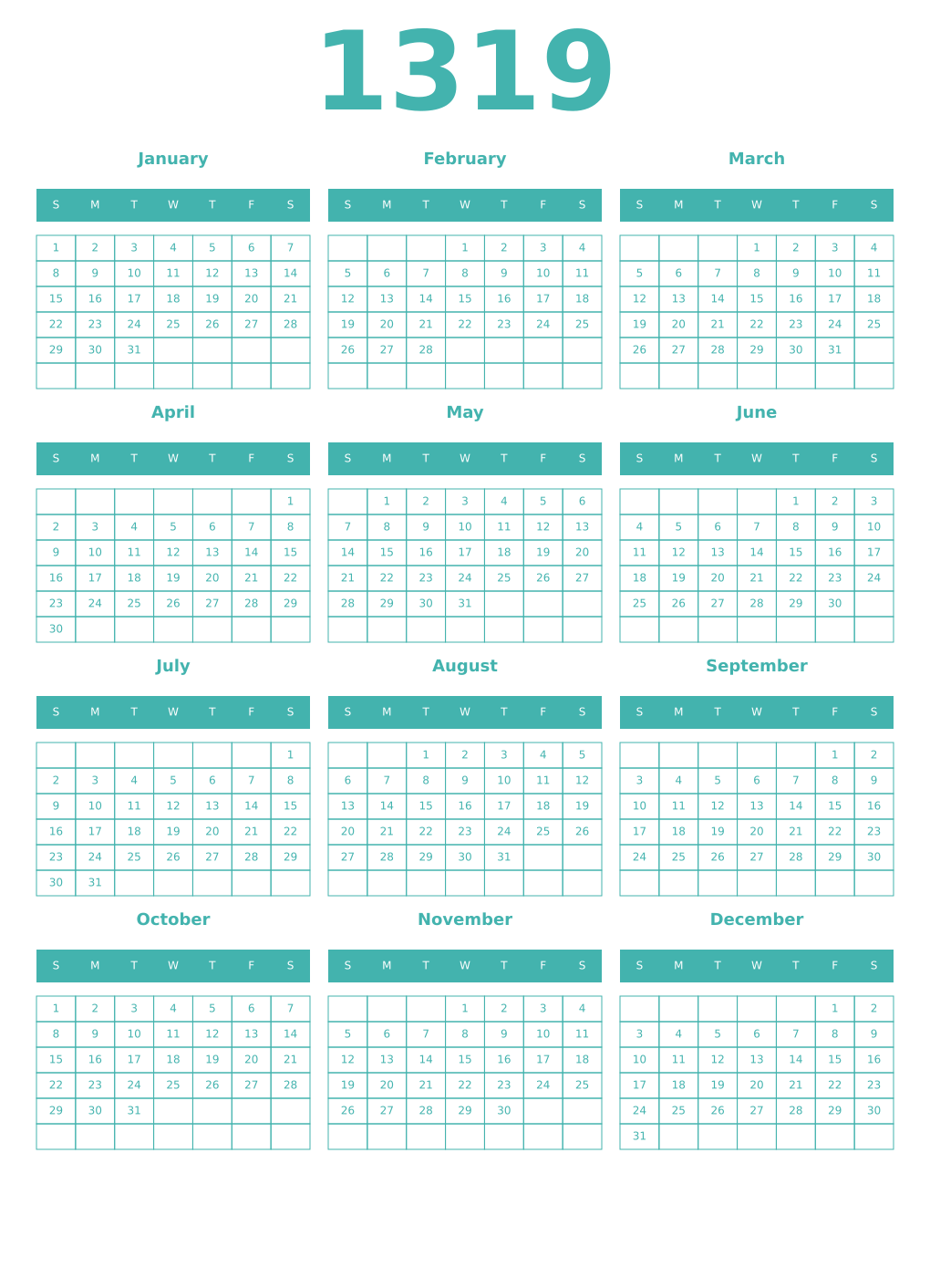 Printable 1319 Year Calendars verdigris