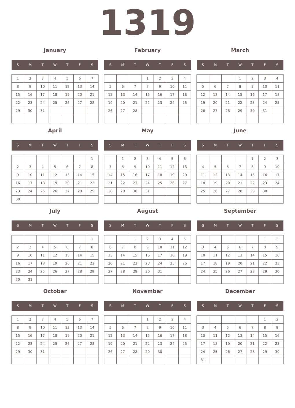 Printable 1319 Year Calendars wenge