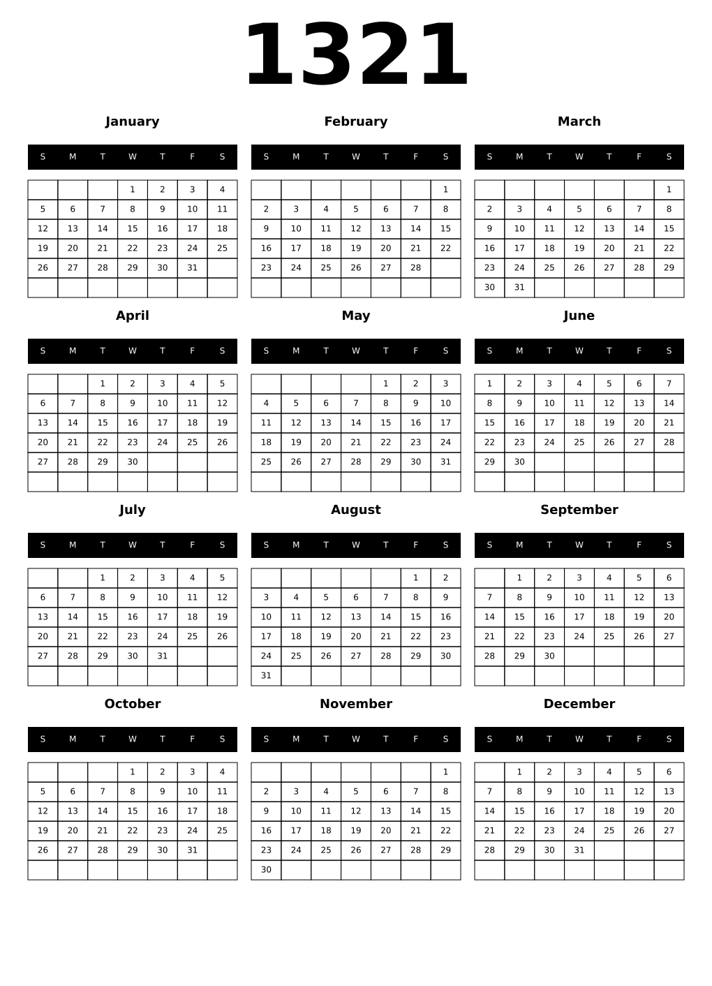 Printable 1321 Calendars