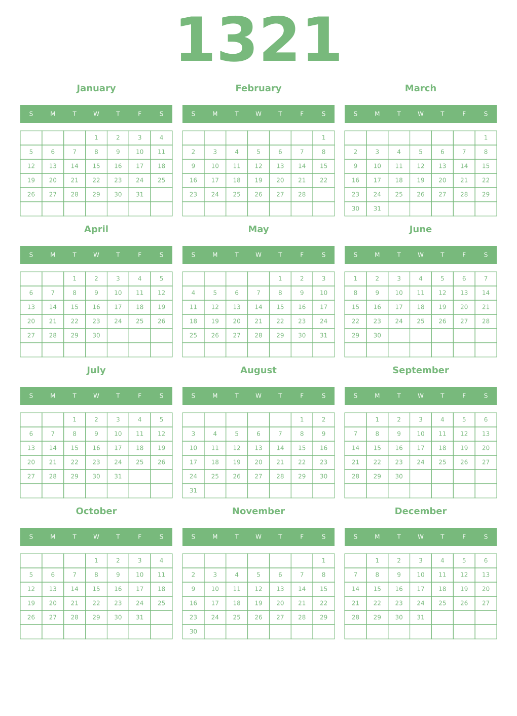 Printable 1321 Year Calendars celadon