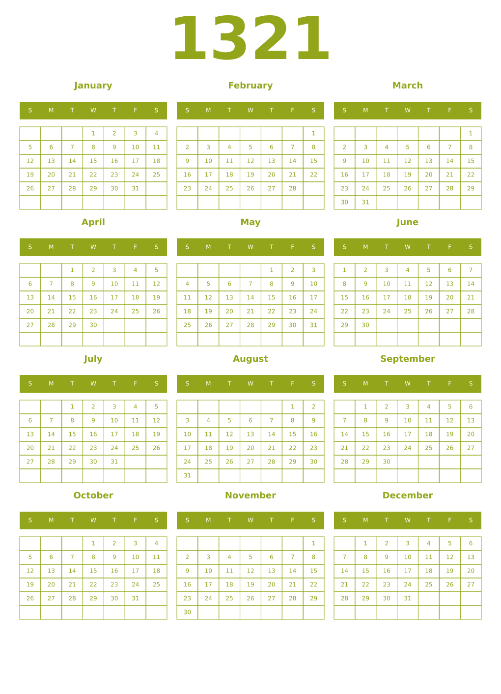 Printable 1321 Year Calendars chartreuse