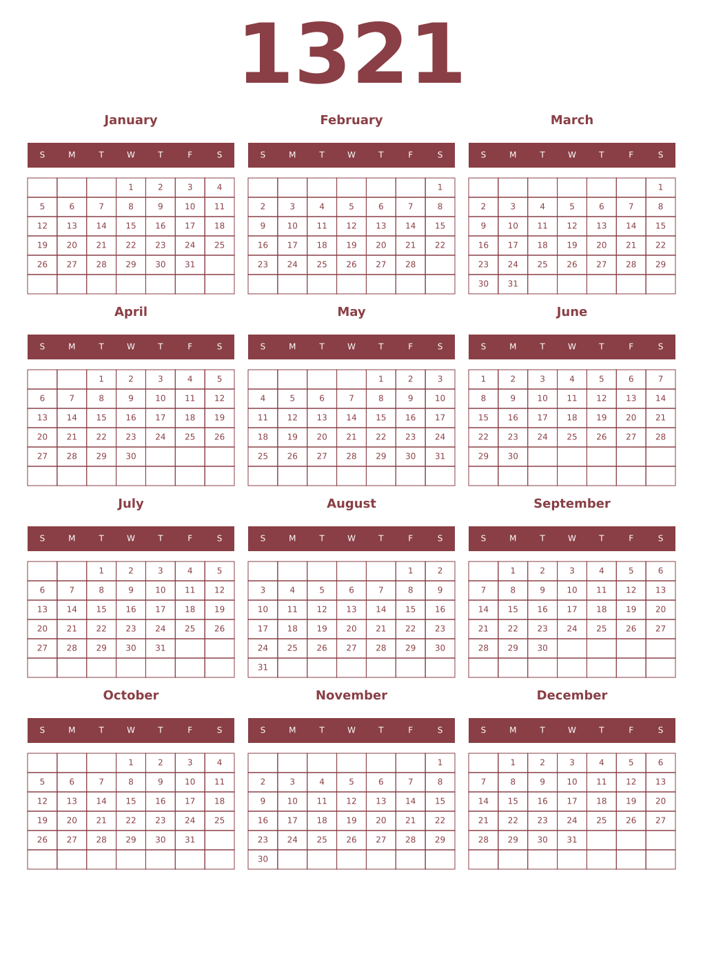 Printable 1321 Year Calendars cordovan