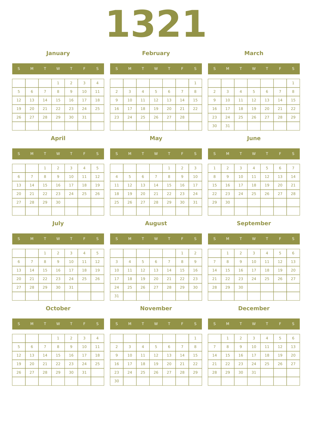 Printable 1321 Year Calendars eburnean
