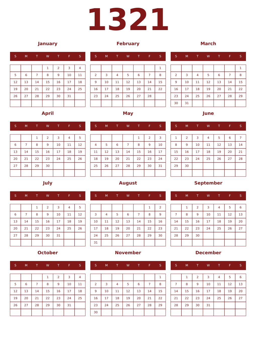 Printable 1321 Year Calendars falu