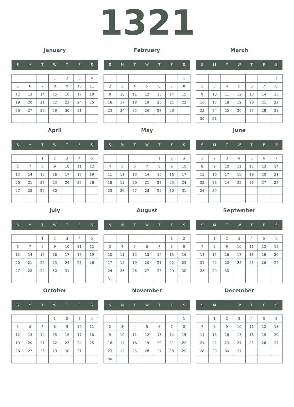 Printable 1321 Year Calendars feldgrau