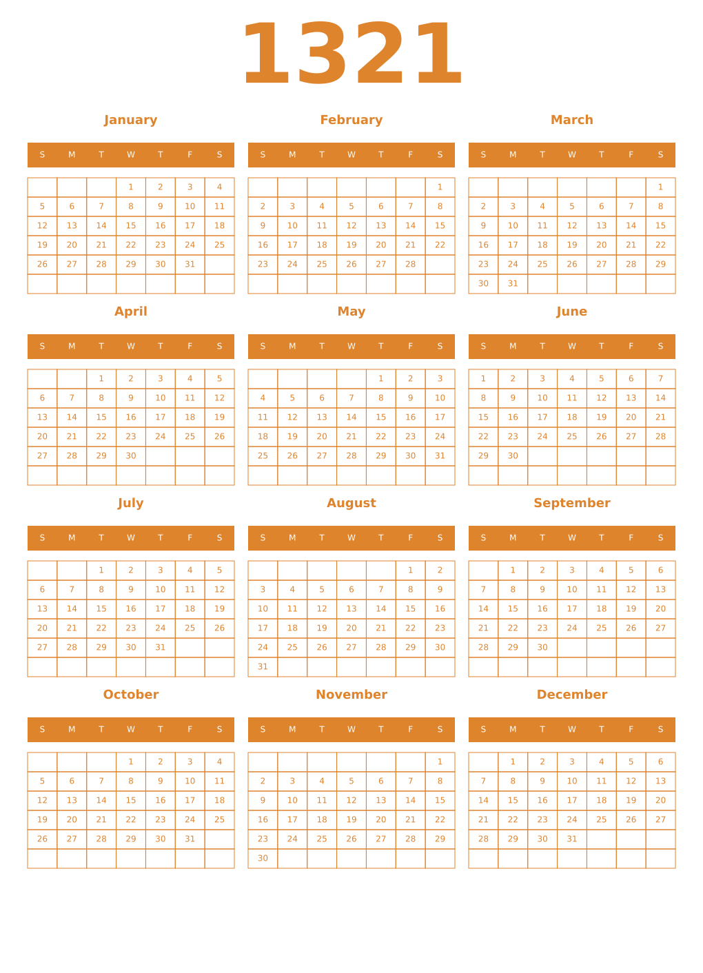Printable 1321 Year Calendars orange
