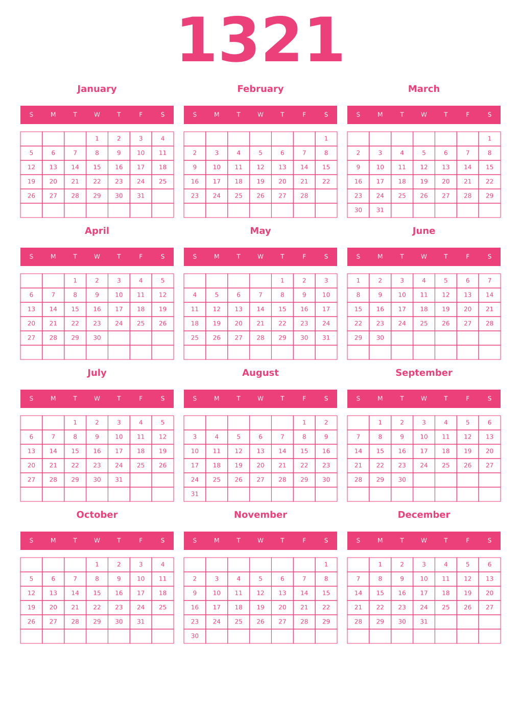 Printable 1321 Year Calendars pink