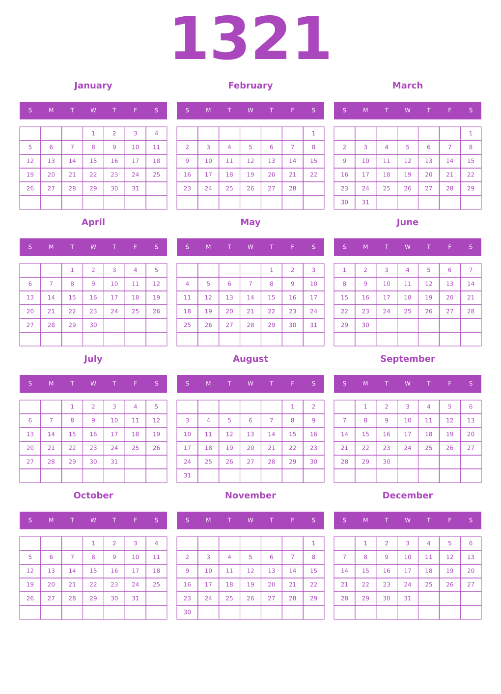Printable 1321 Year Calendars purple