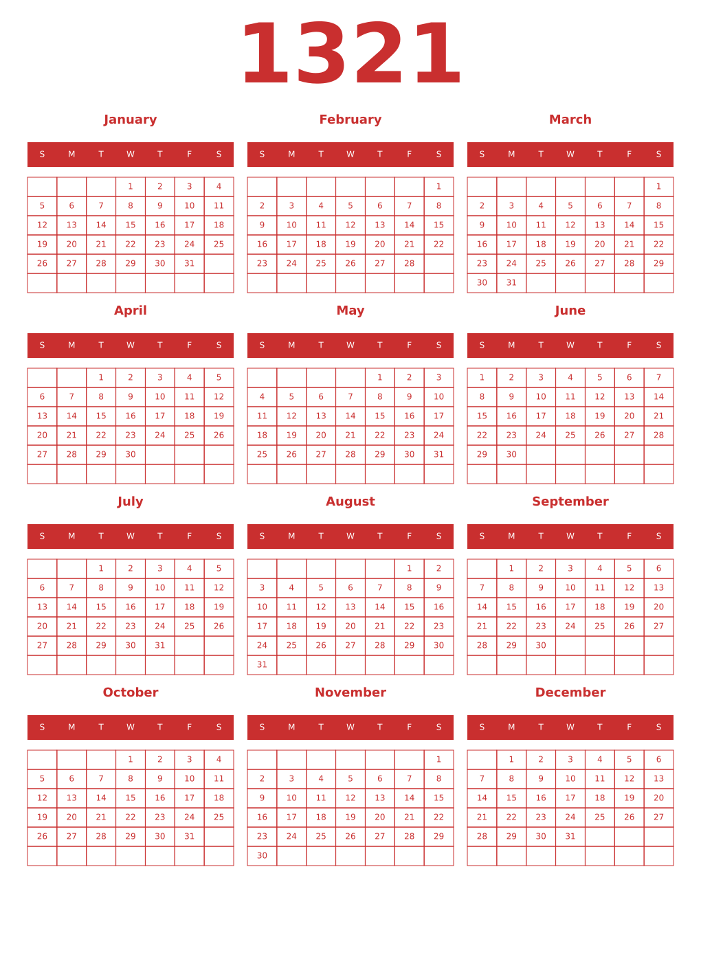 Printable 1321 Year Calendars red