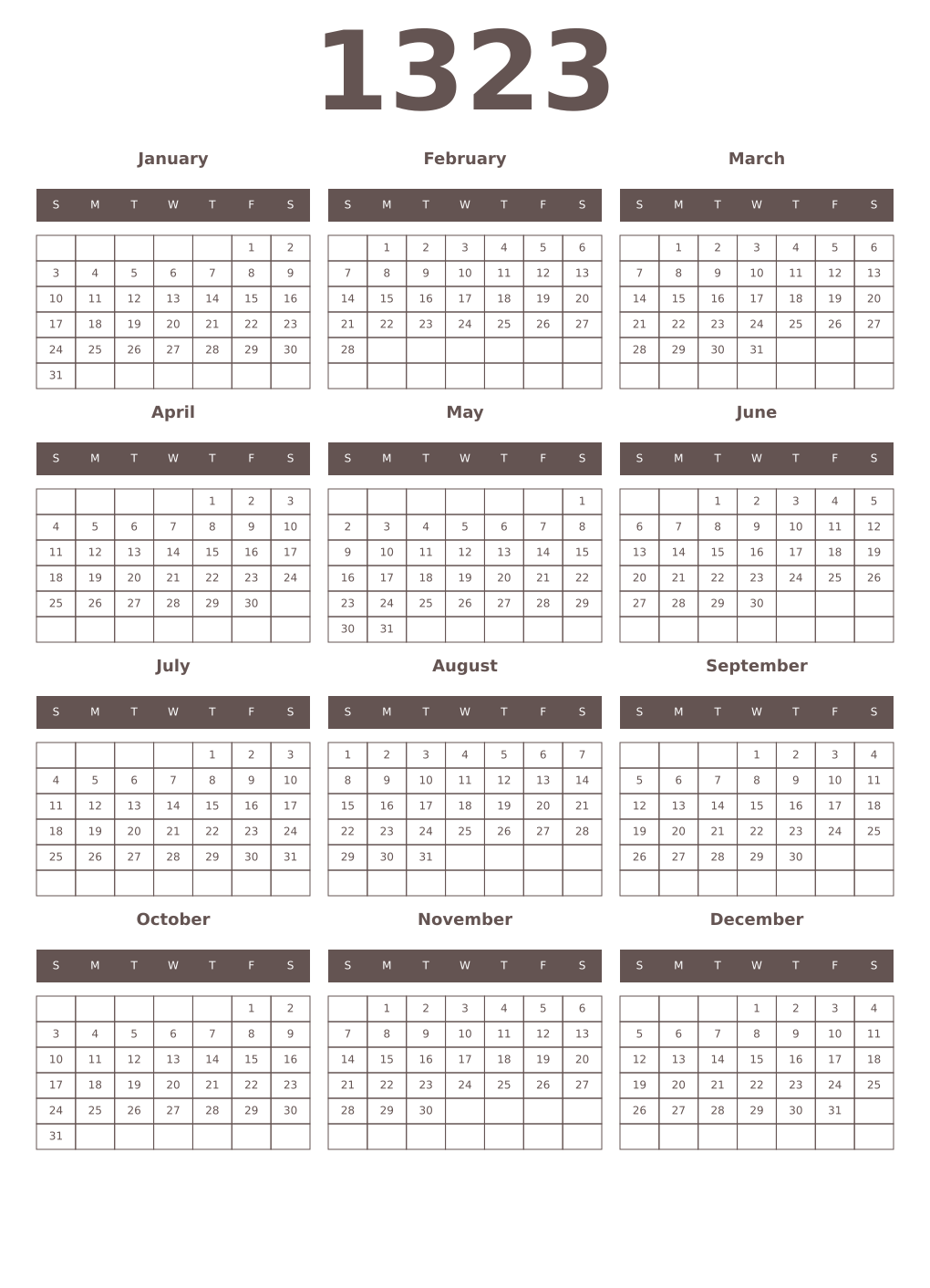 Printable 1323 Year Calendars wenge