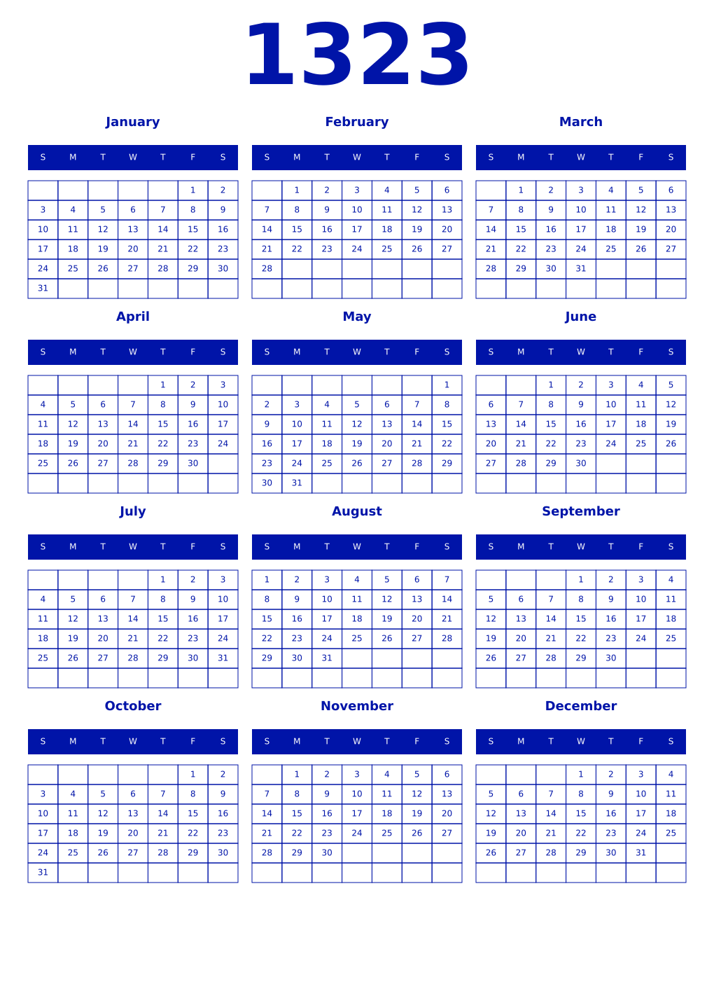 Printable 1323 Year Calendars zaffre