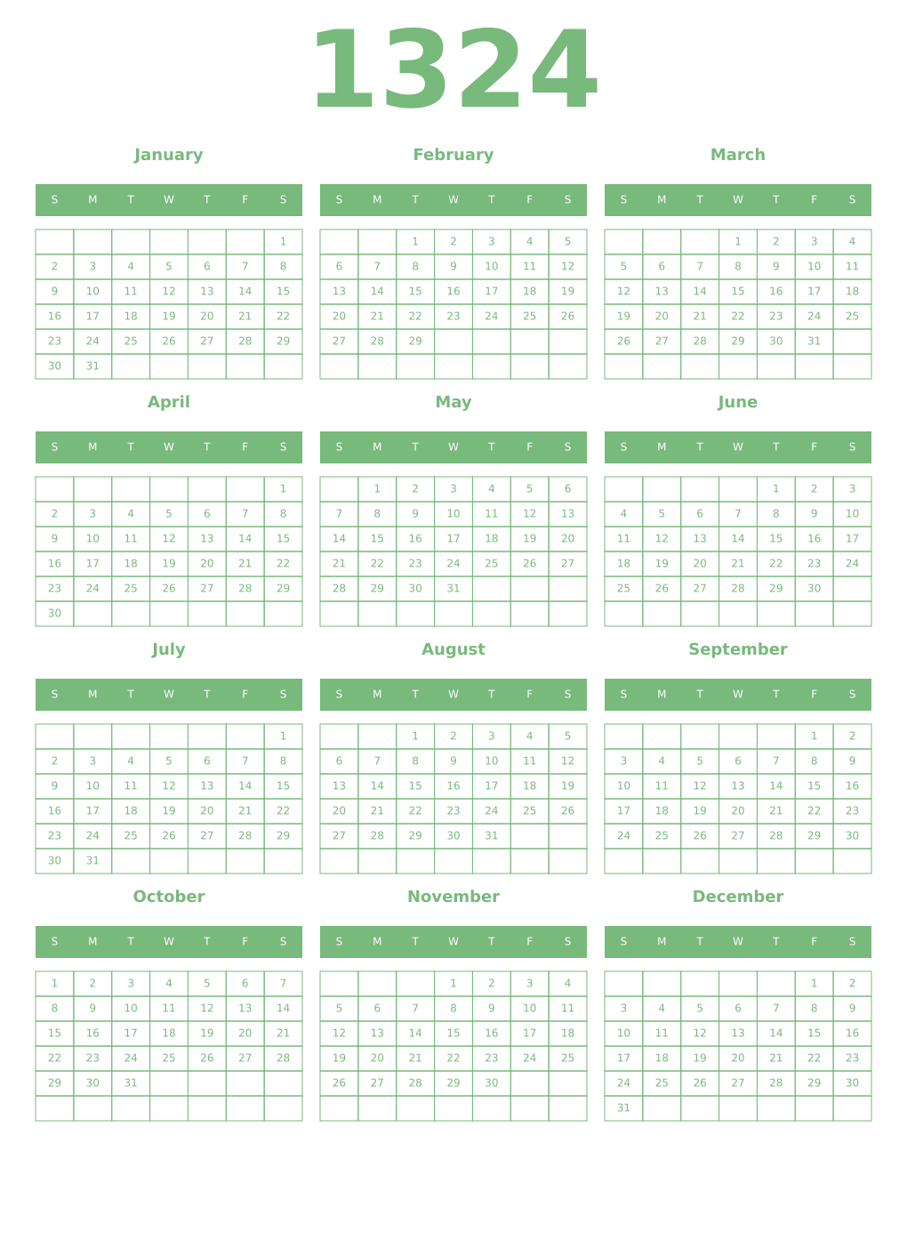 Printable 1324 Year Calendars celadon