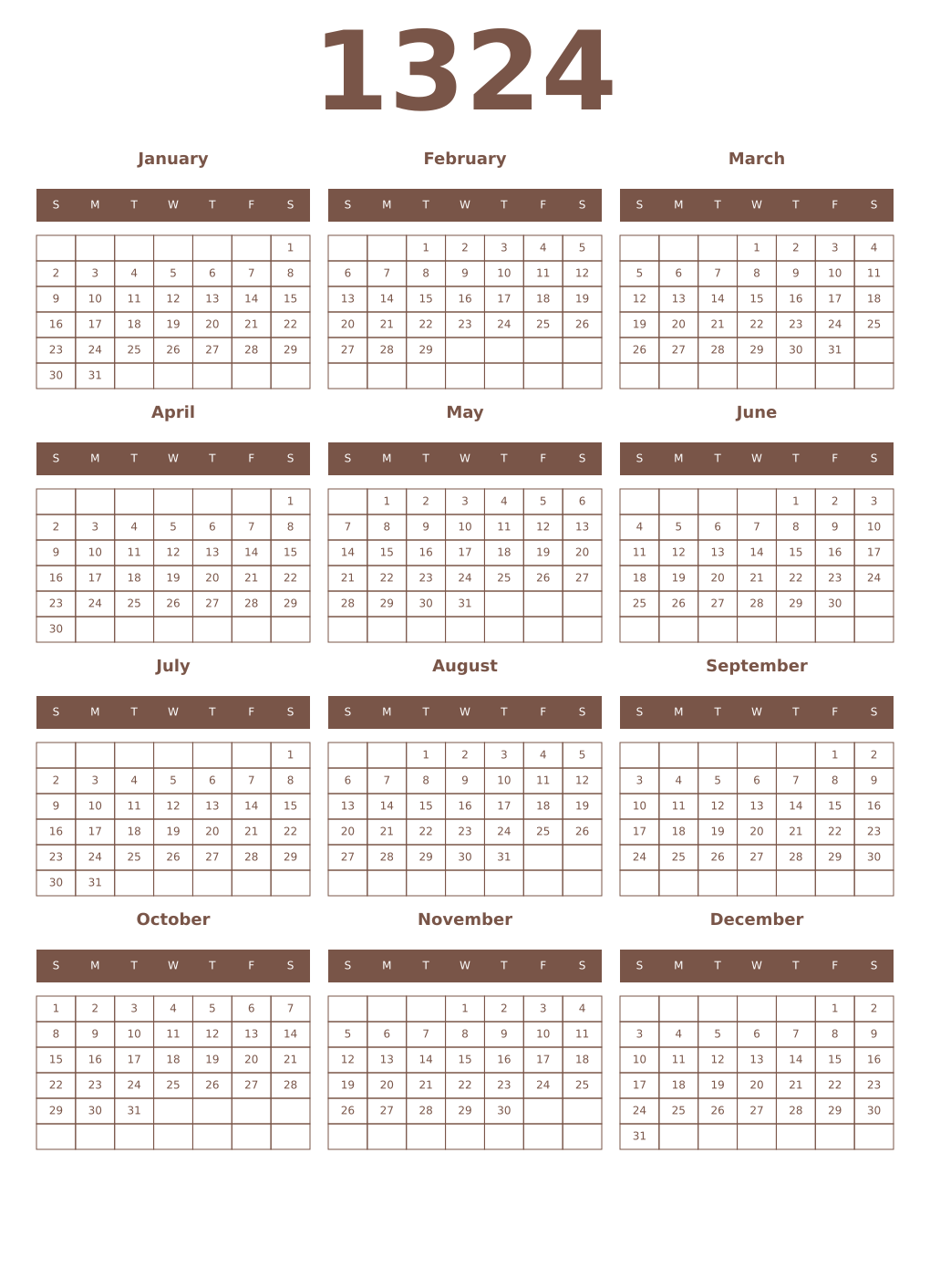 Printable 1324 Year Calendars coffe