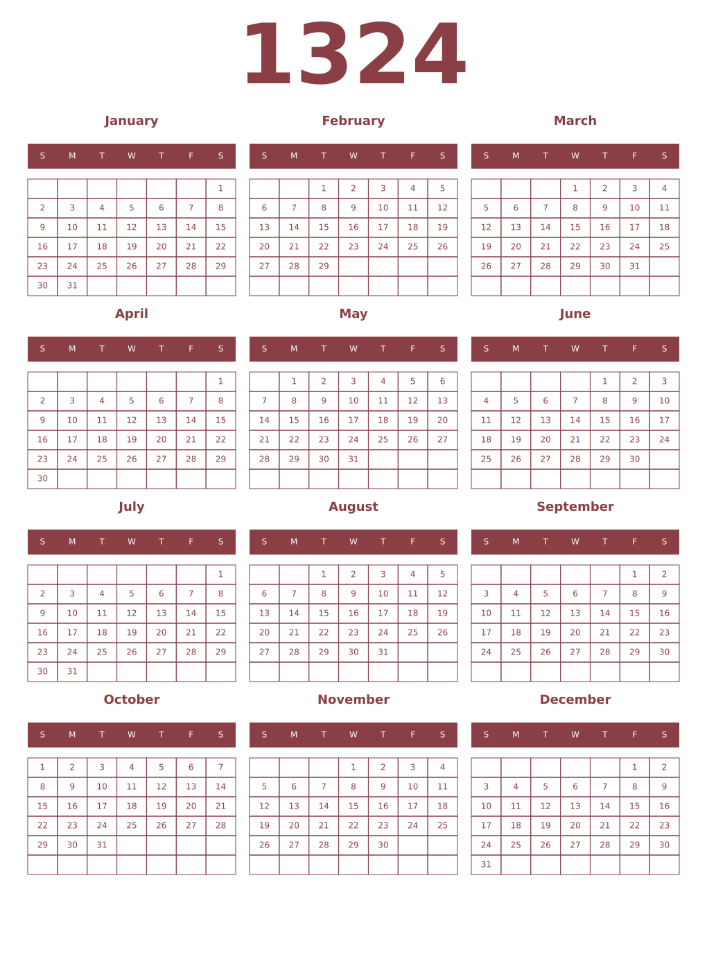 Printable 1324 Year Calendars cordovan