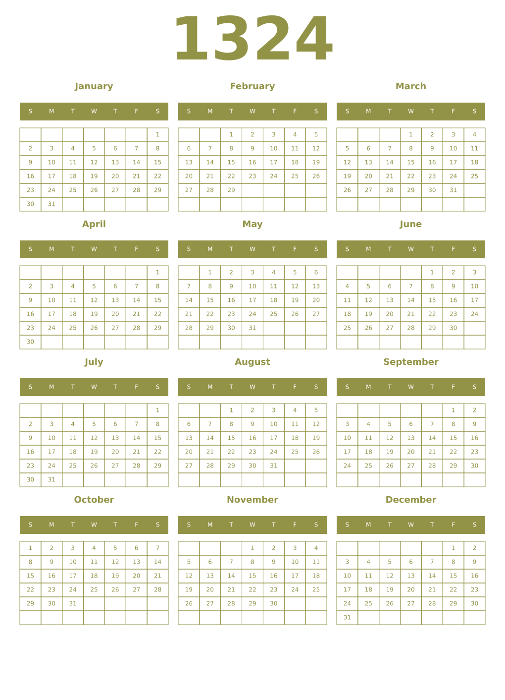 Printable 1324 Year Calendars eburnean