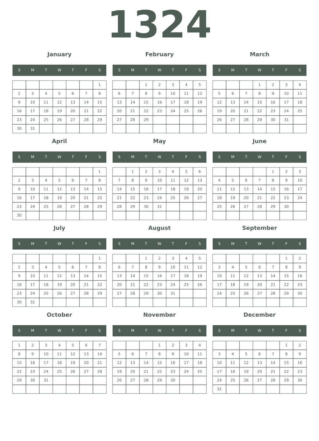 Printable 1324 Year Calendars feldgrau