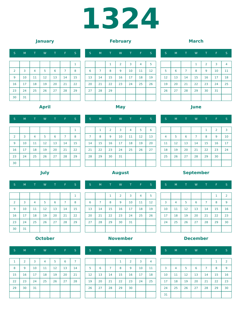 Printable 1324 Year Calendars pastel