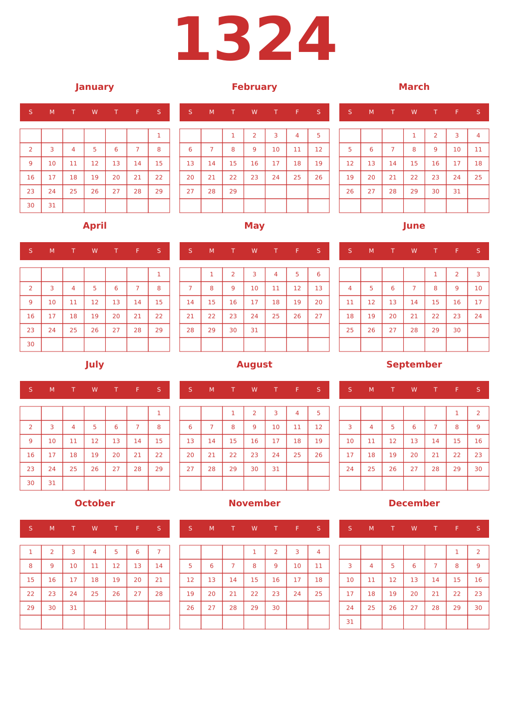 Printable 1324 Year Calendars red