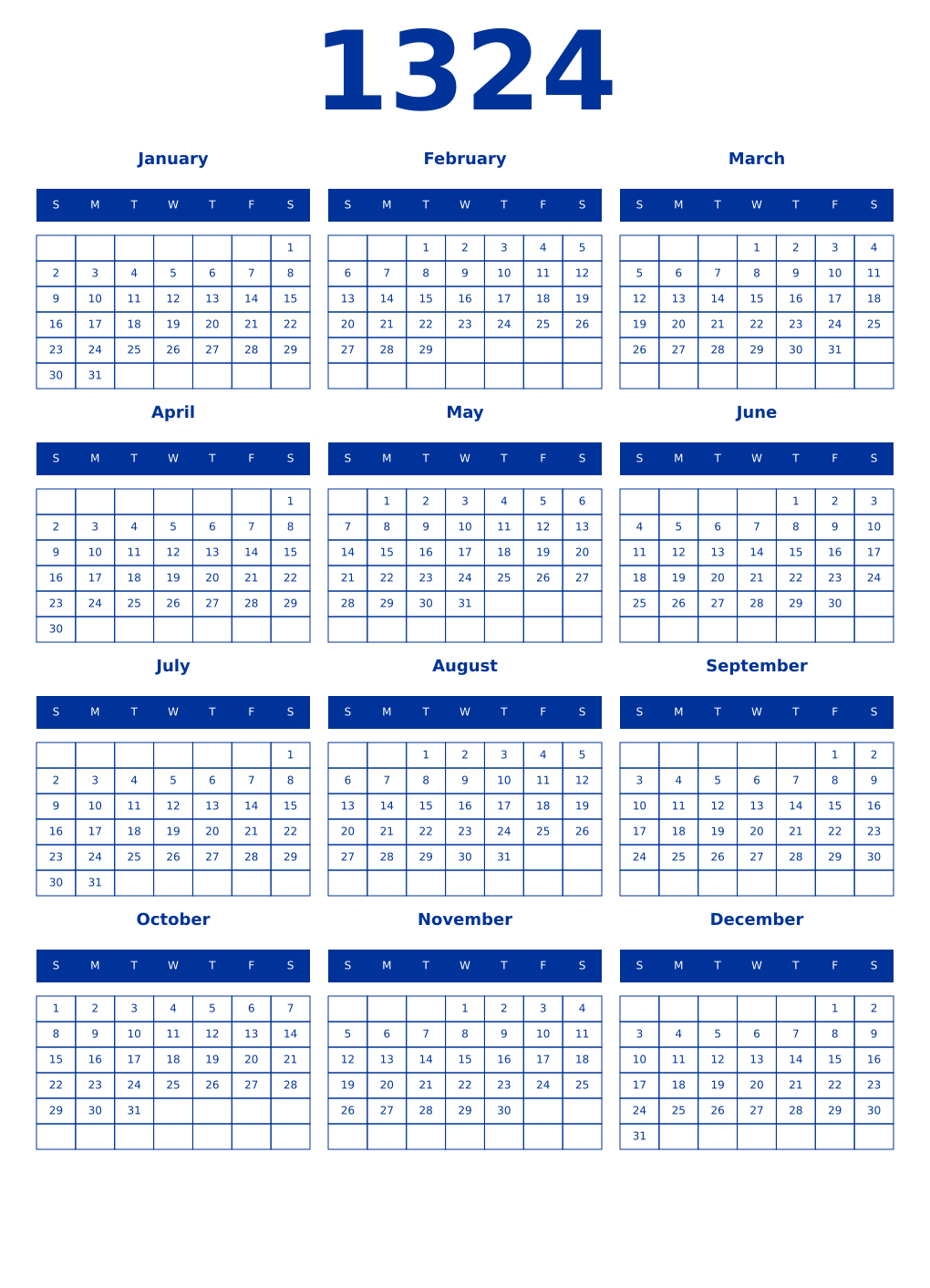 Printable 1324 Year Calendars smalt