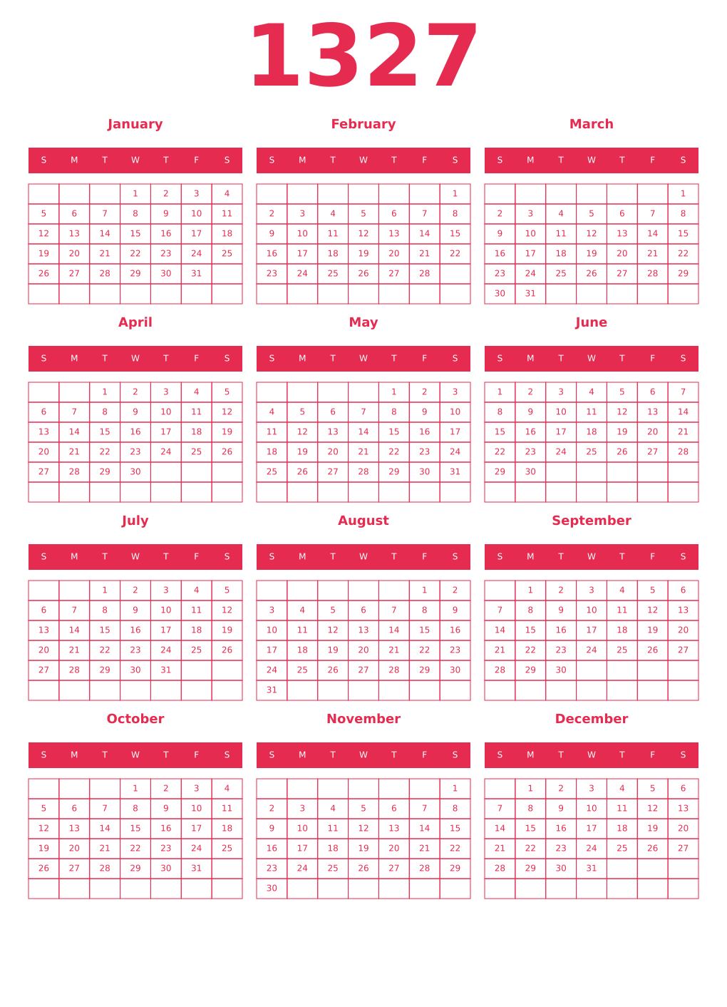 Printable 1327 Year Calendars amaranth