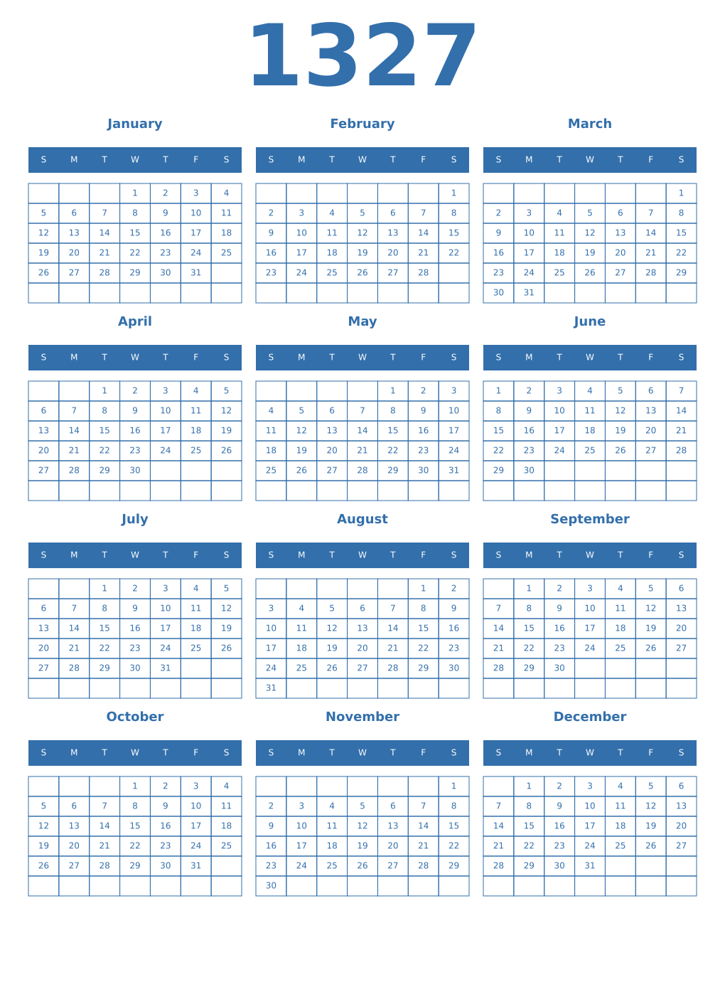 Printable 1327 Year Calendars blue