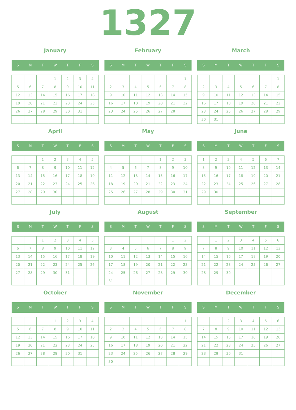 Printable 1327 Year Calendars celadon