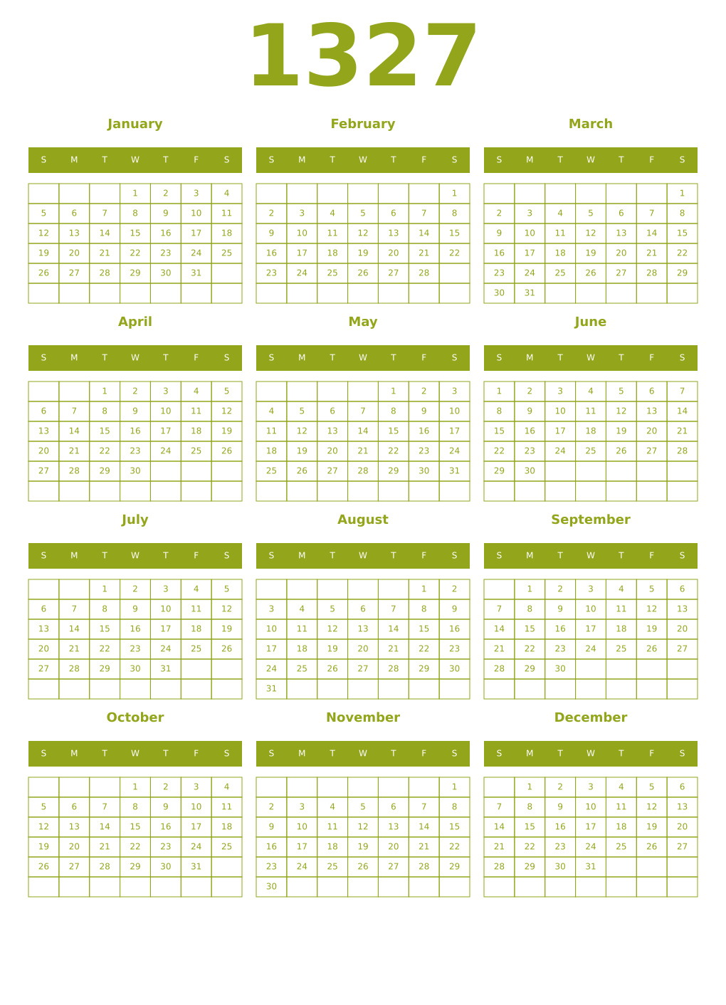 Printable 1327 Year Calendars chartreuse