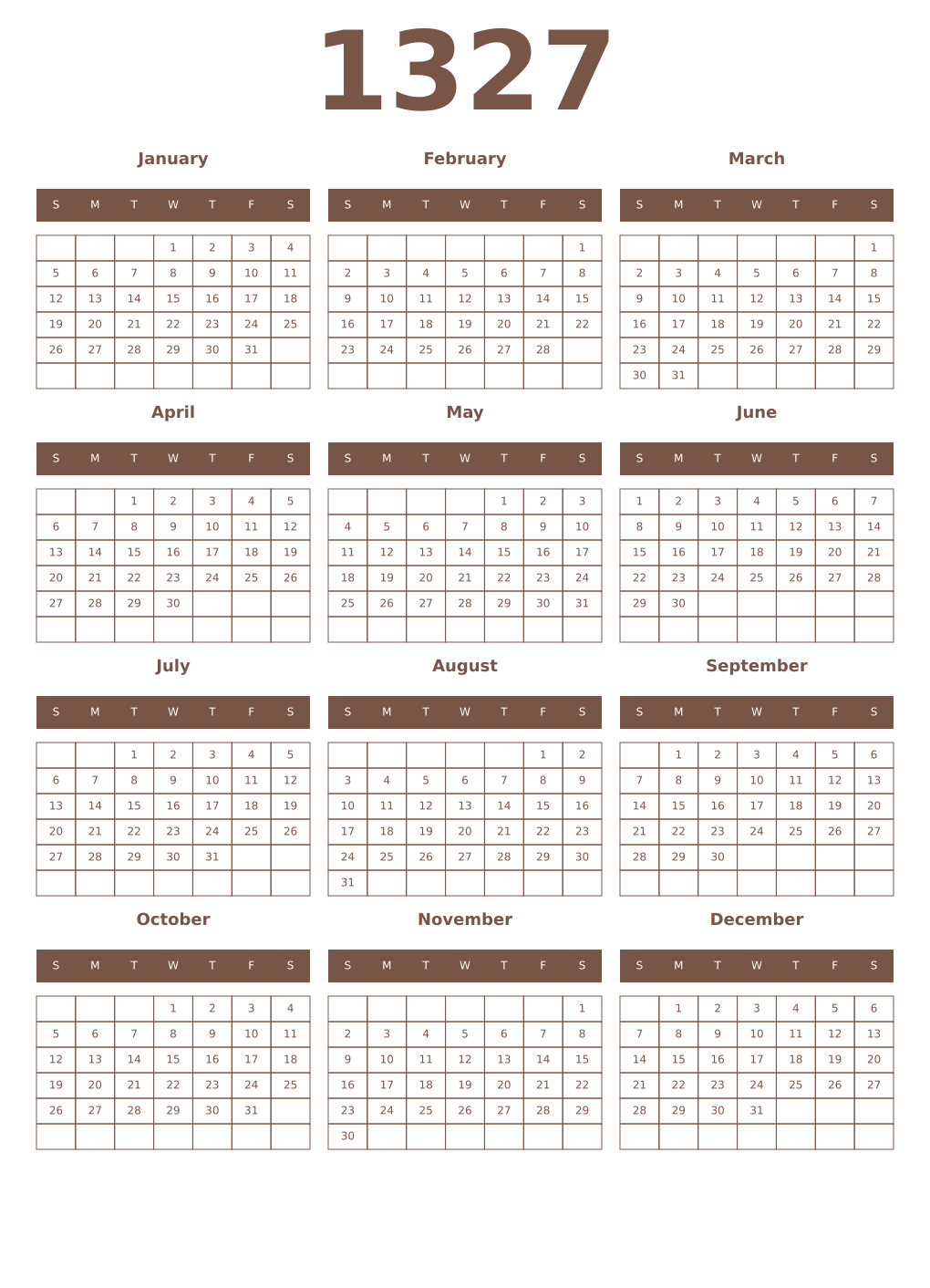 Printable 1327 Year Calendars coffe