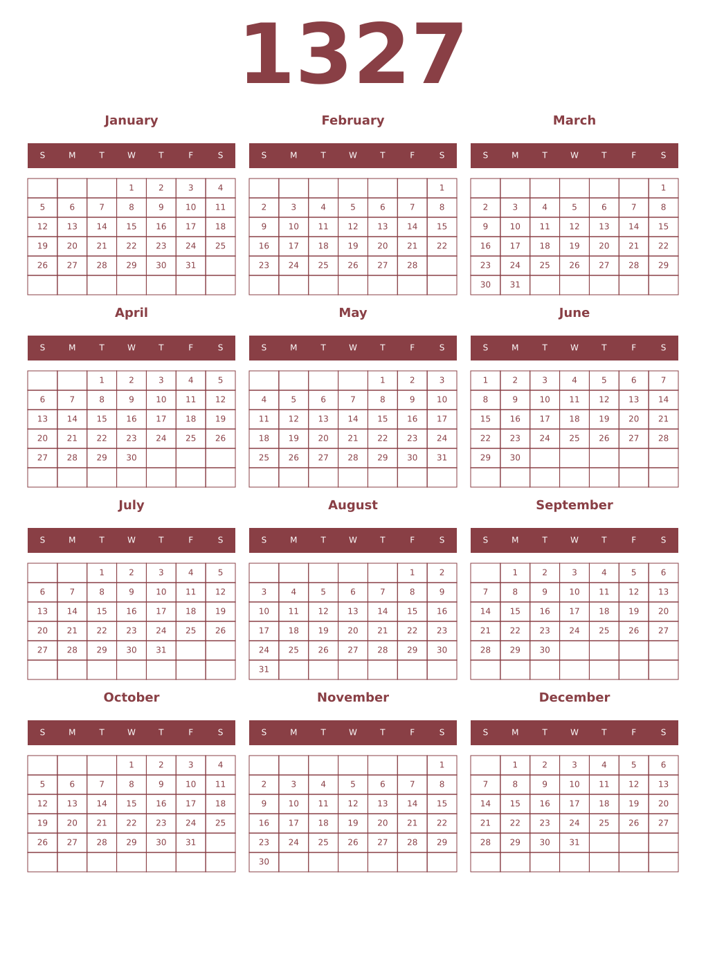 Printable 1327 Year Calendars cordovan