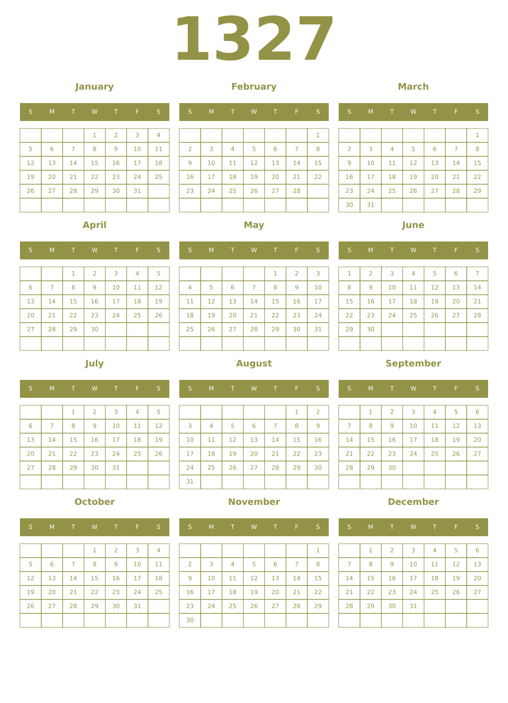 Printable 1327 Year Calendars eburnean