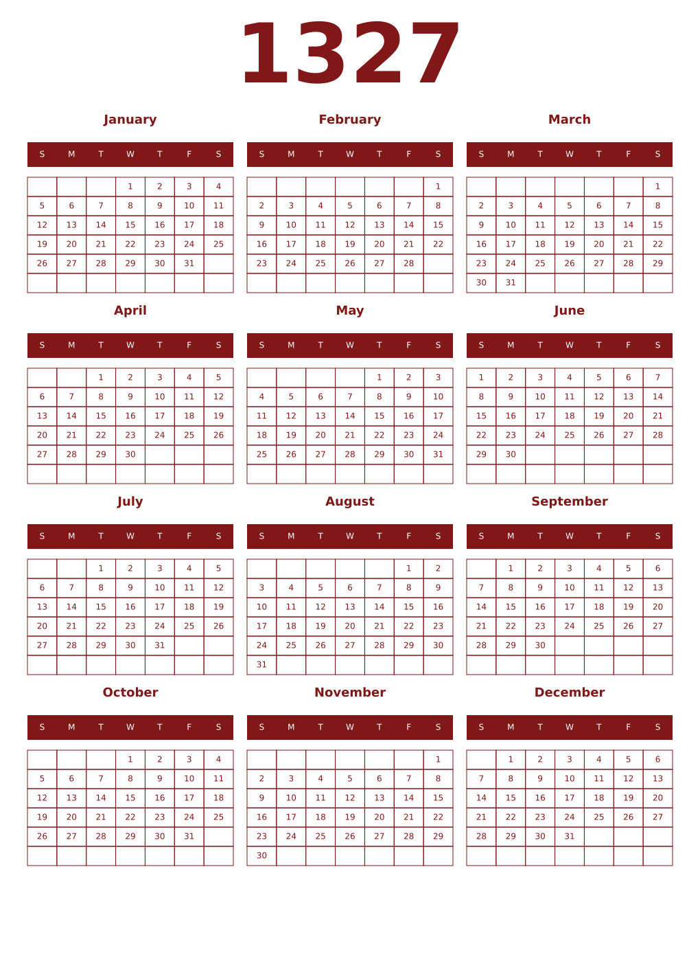 Printable 1327 Year Calendars falu