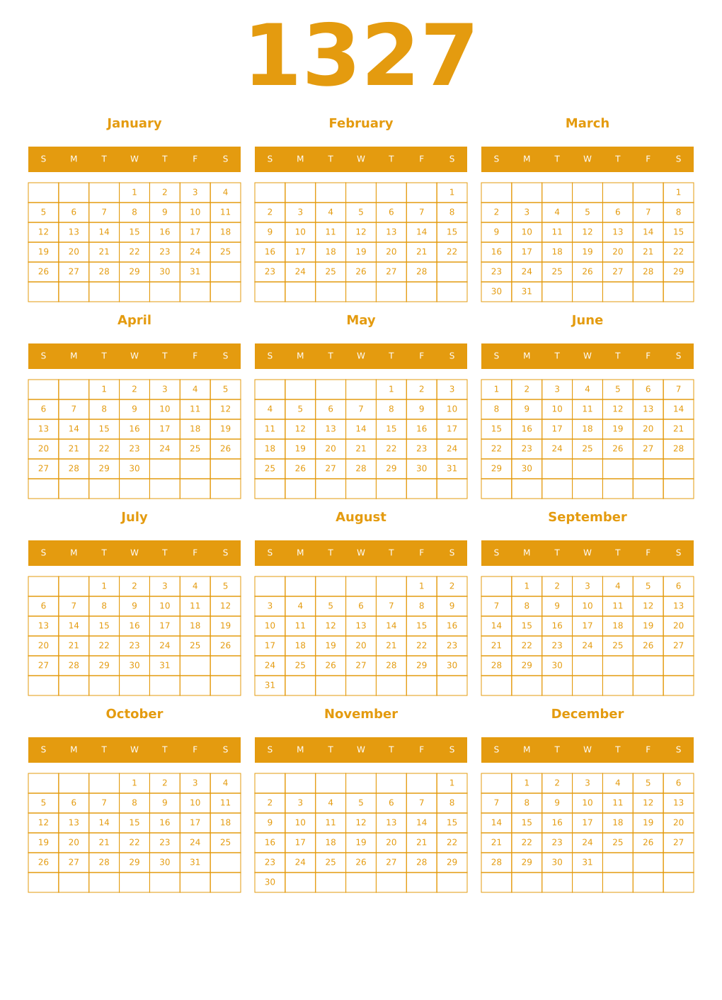 Printable 1327 Year Calendars gamboge