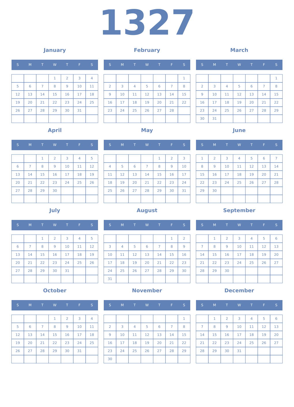 Printable 1327 Year Calendars glaucous