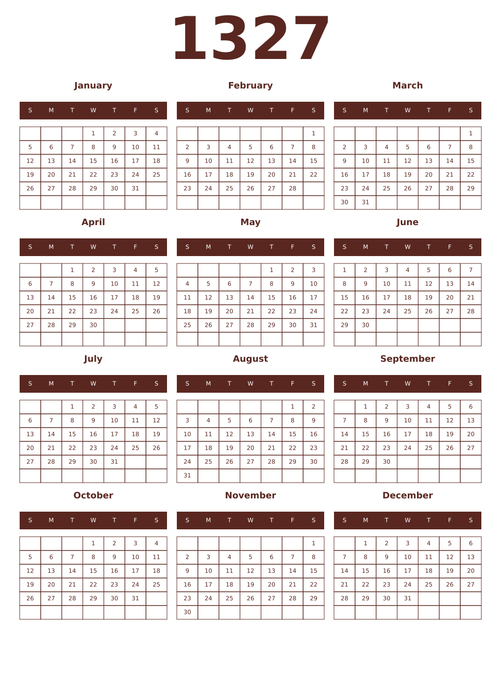 Printable 1327 Year Calendars mortuum