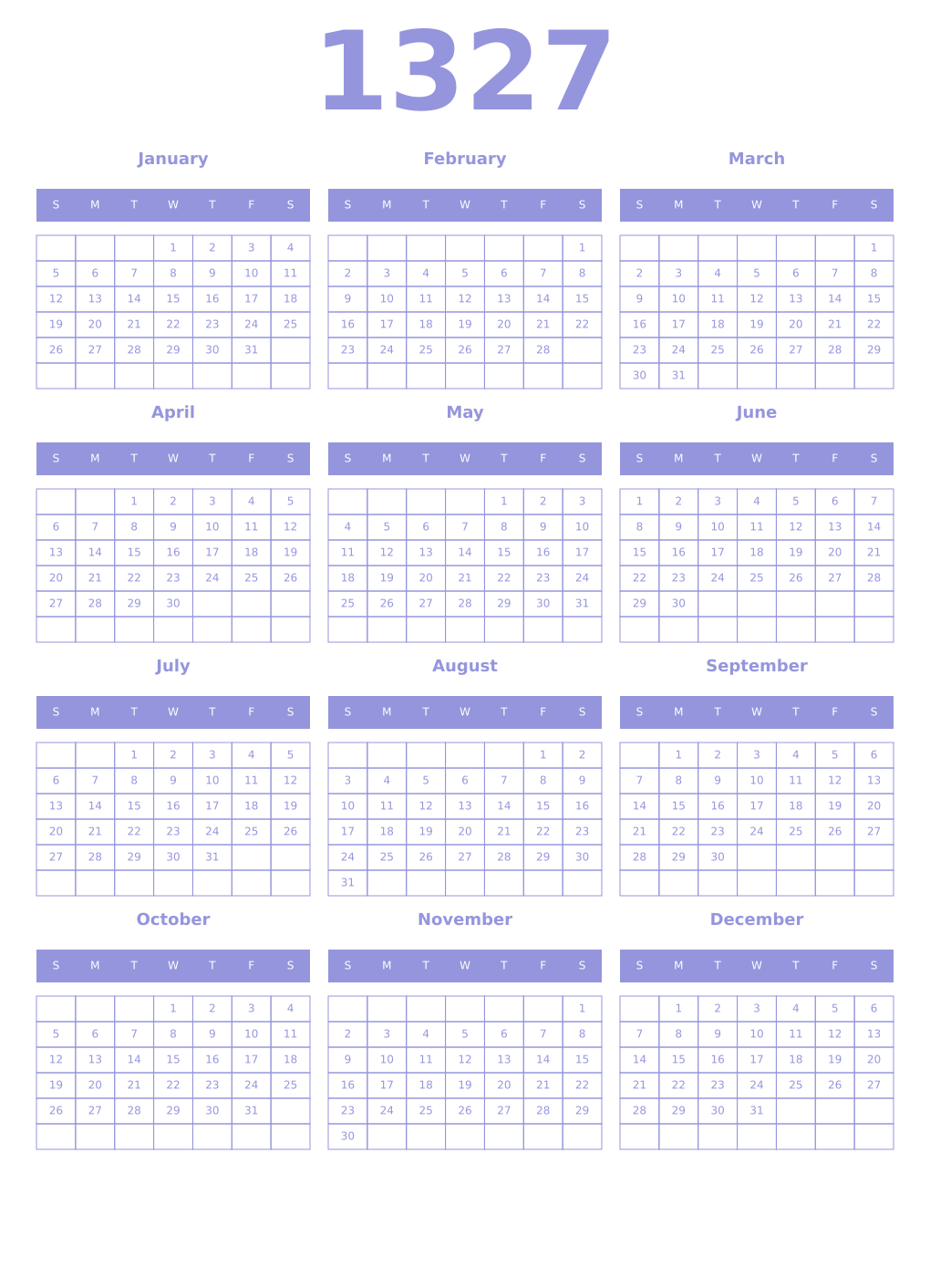 Printable 1327 Year Calendars periwinkle