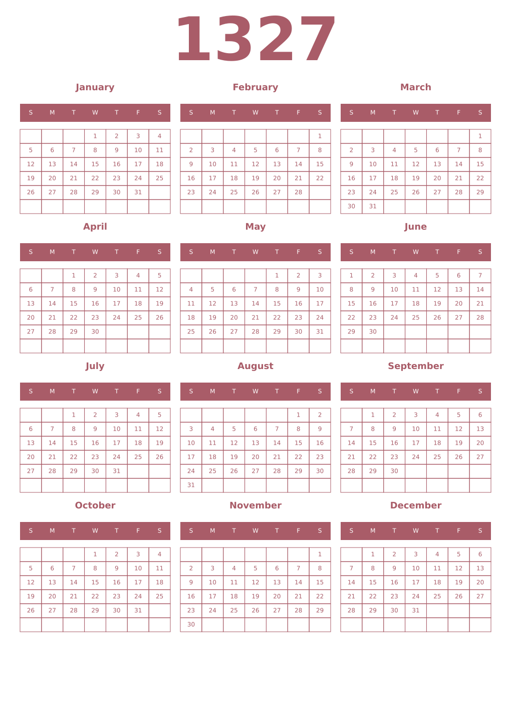 Printable 1327 Year Calendars puce