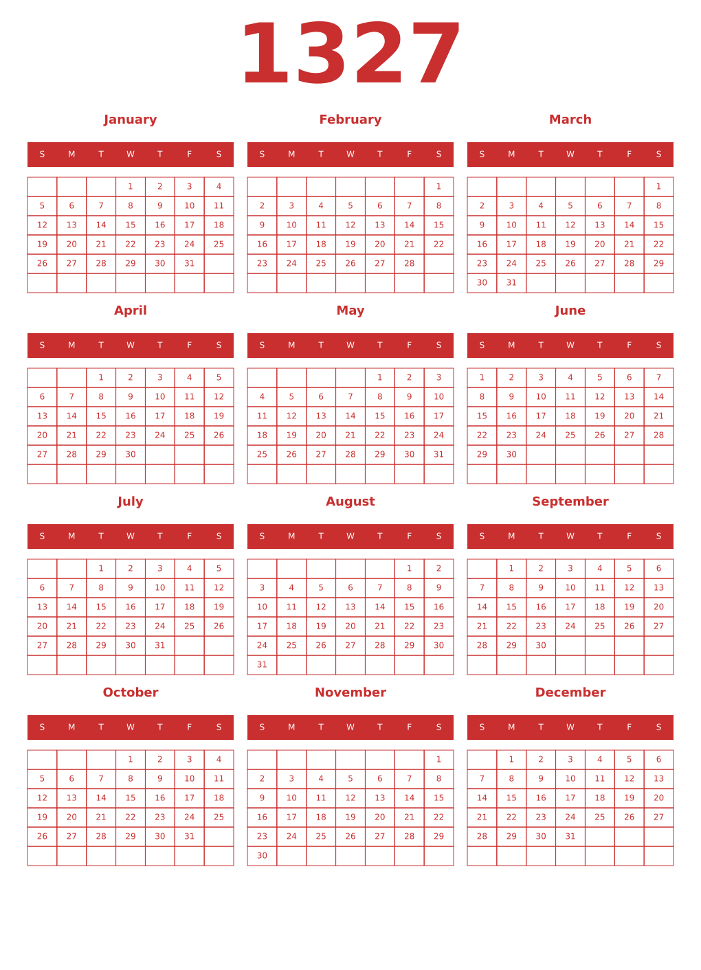 Printable 1327 Year Calendars red