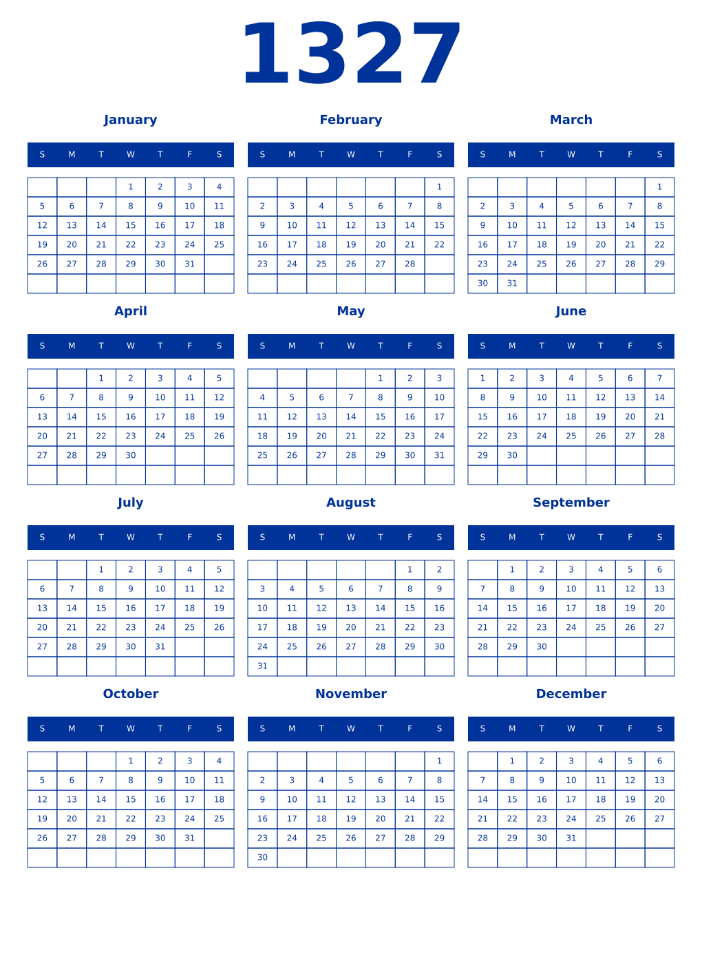Printable 1327 Year Calendars smalt