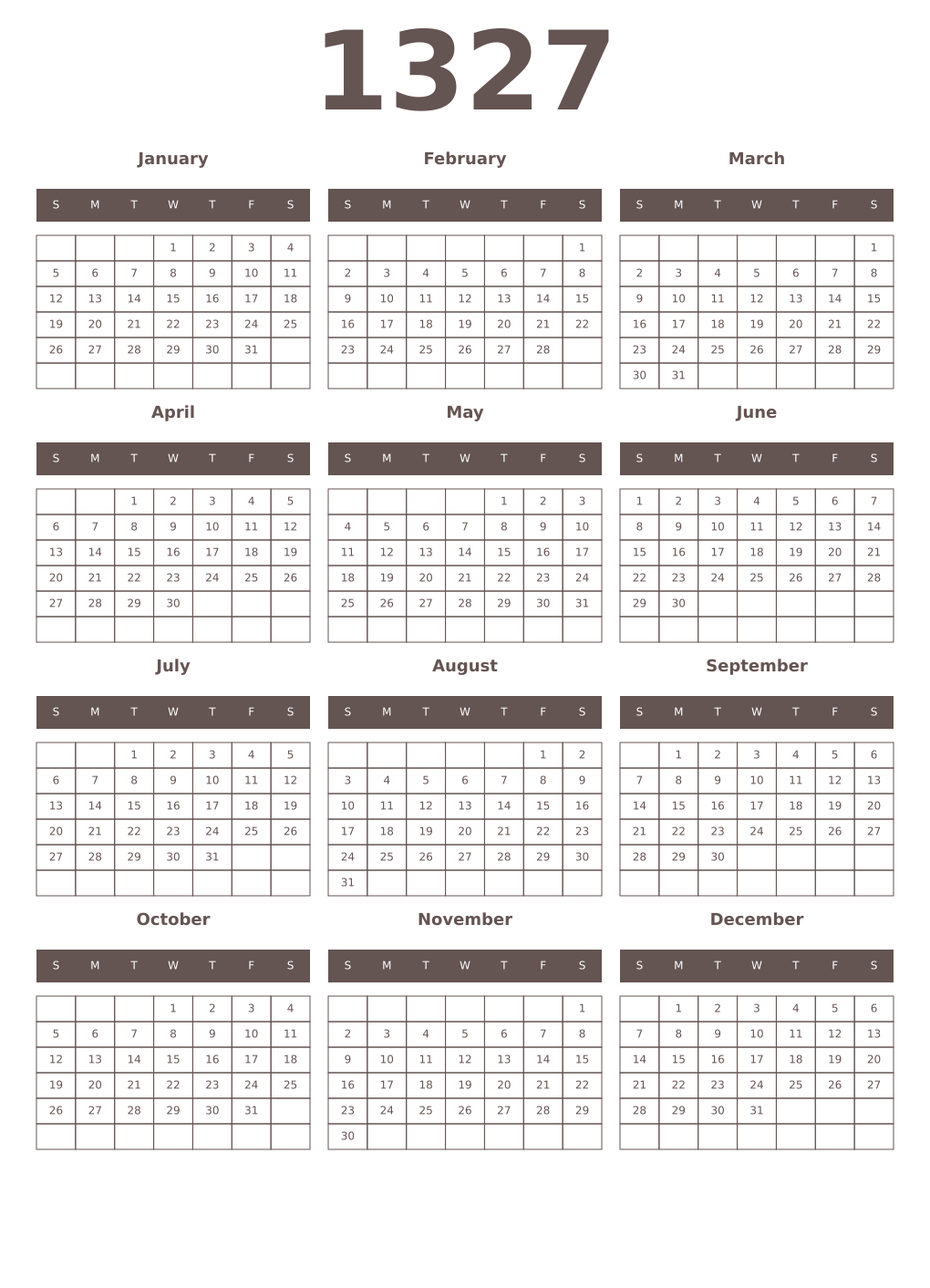 Printable 1327 Year Calendars wenge