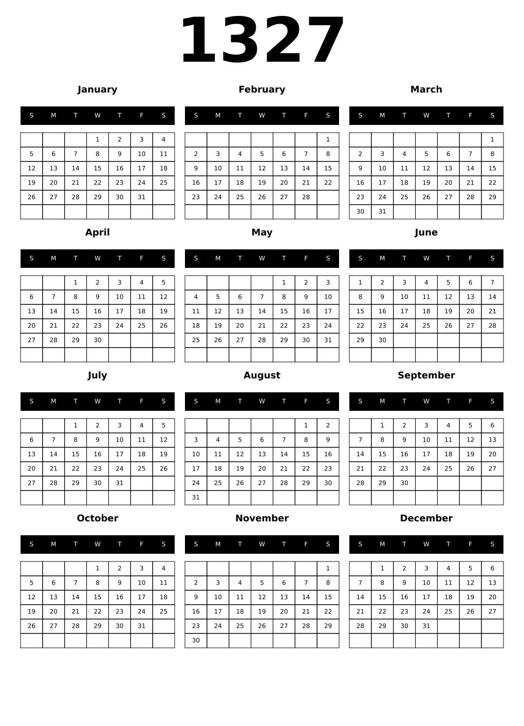 Printable 1327 Calendars