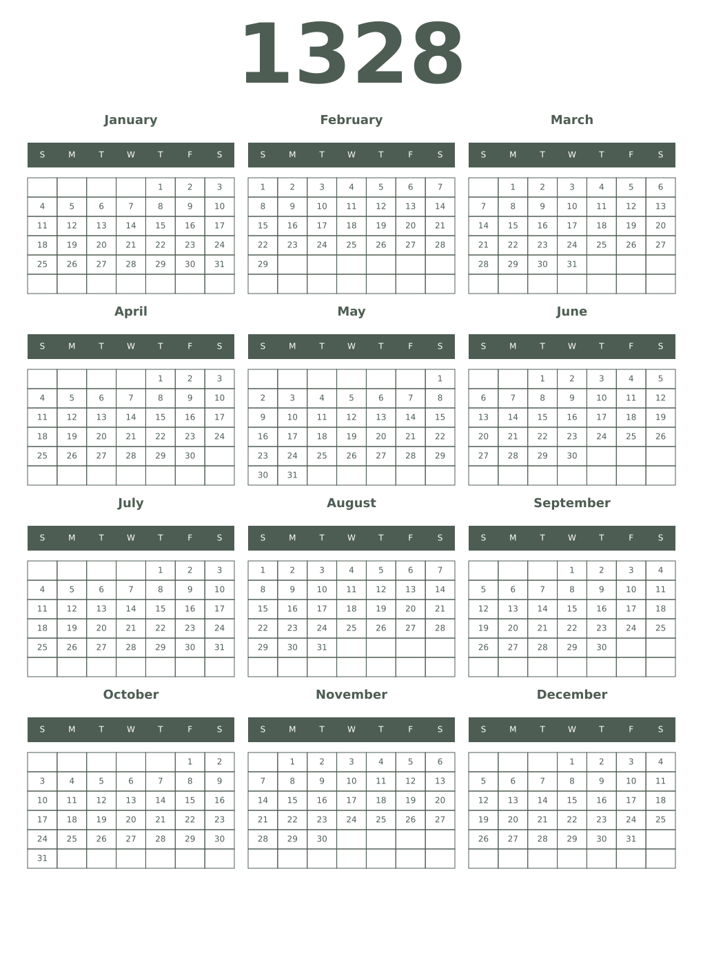 Printable 1328 Year Calendars feldgrau