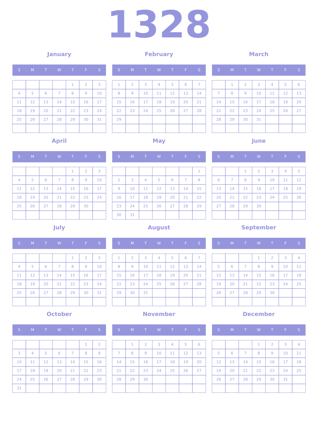 Printable 1328 Year Calendars periwinkle