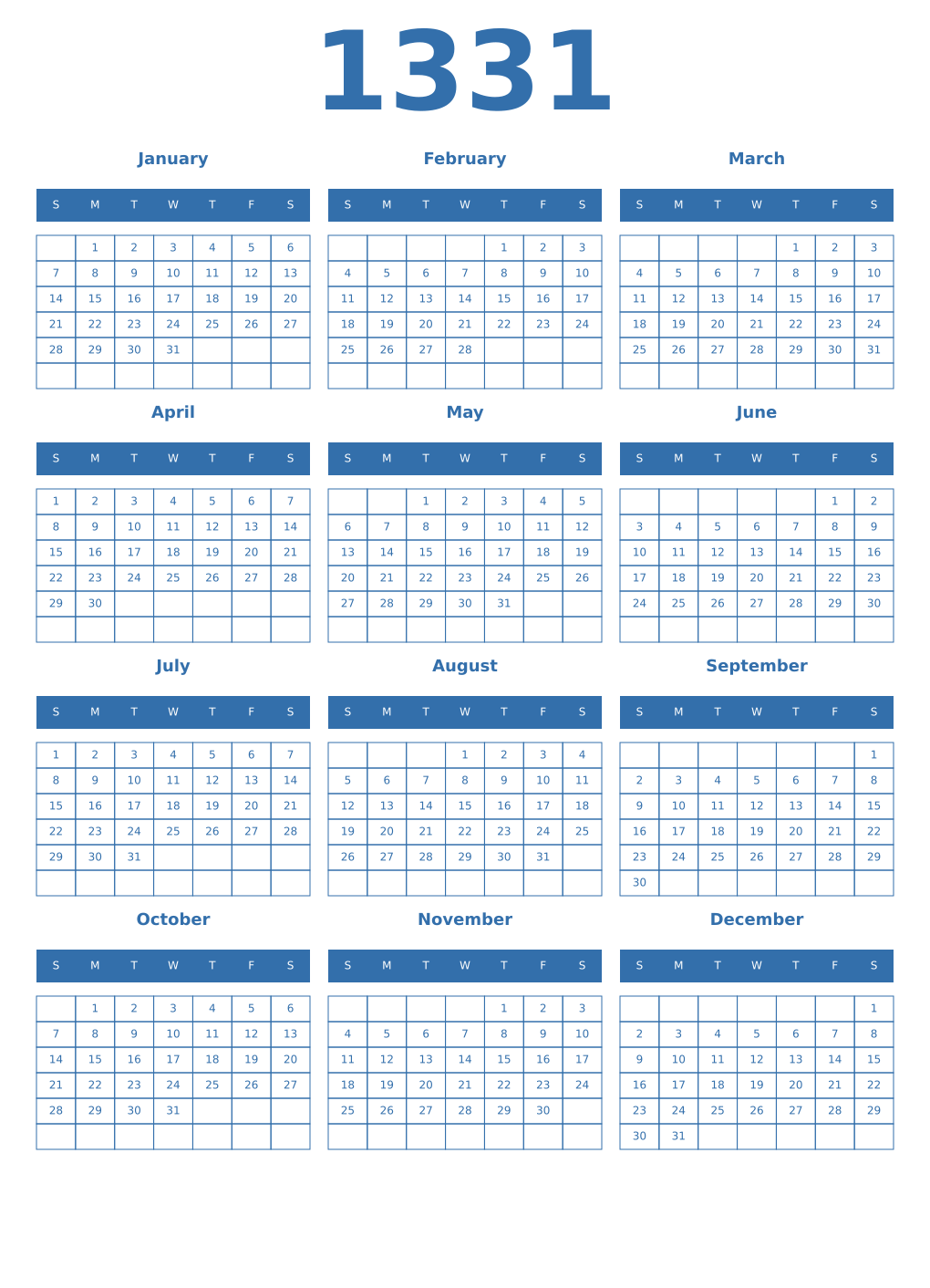 Printable 1331 Year Calendars blue