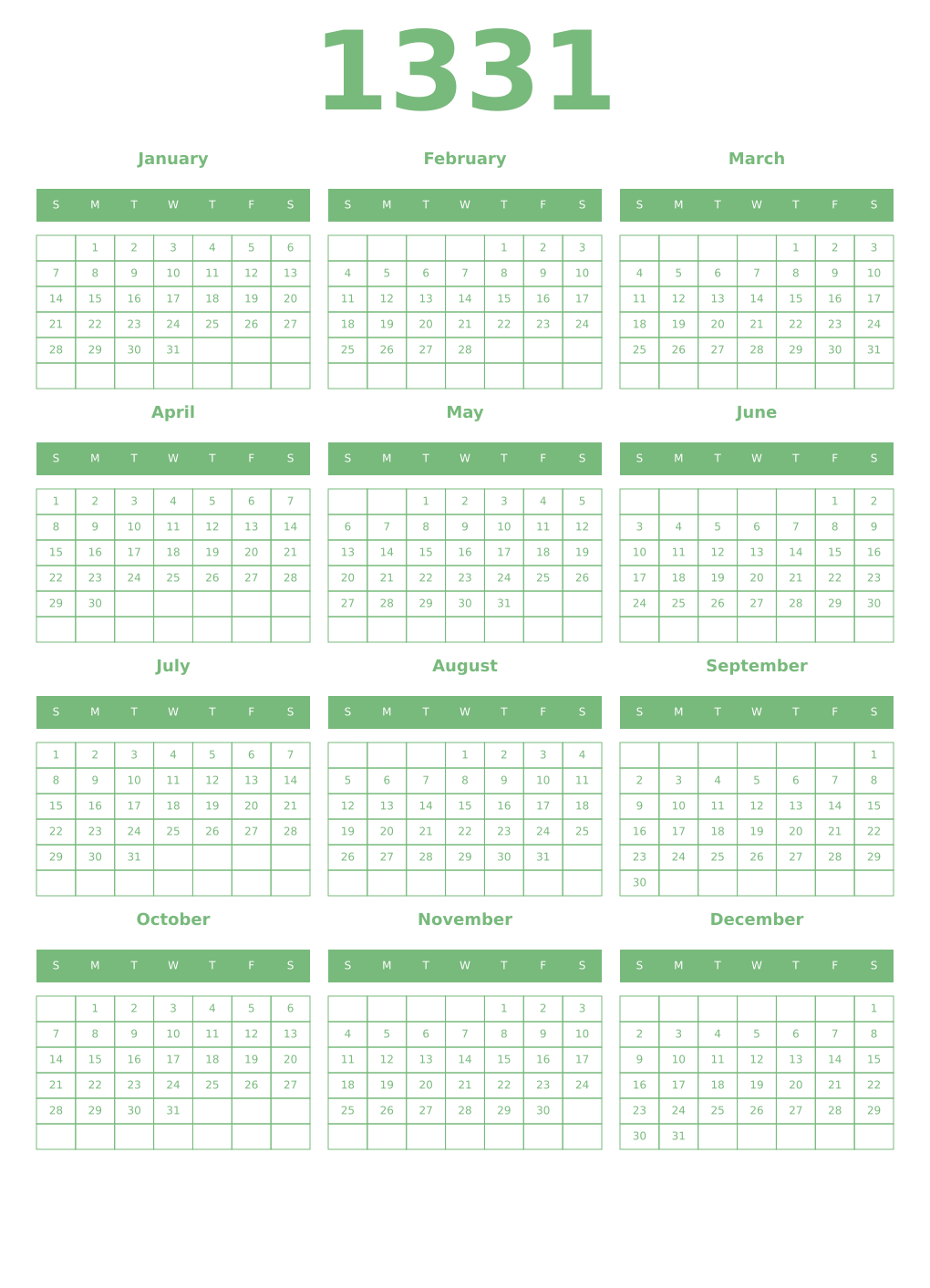 Printable 1331 Year Calendars celadon