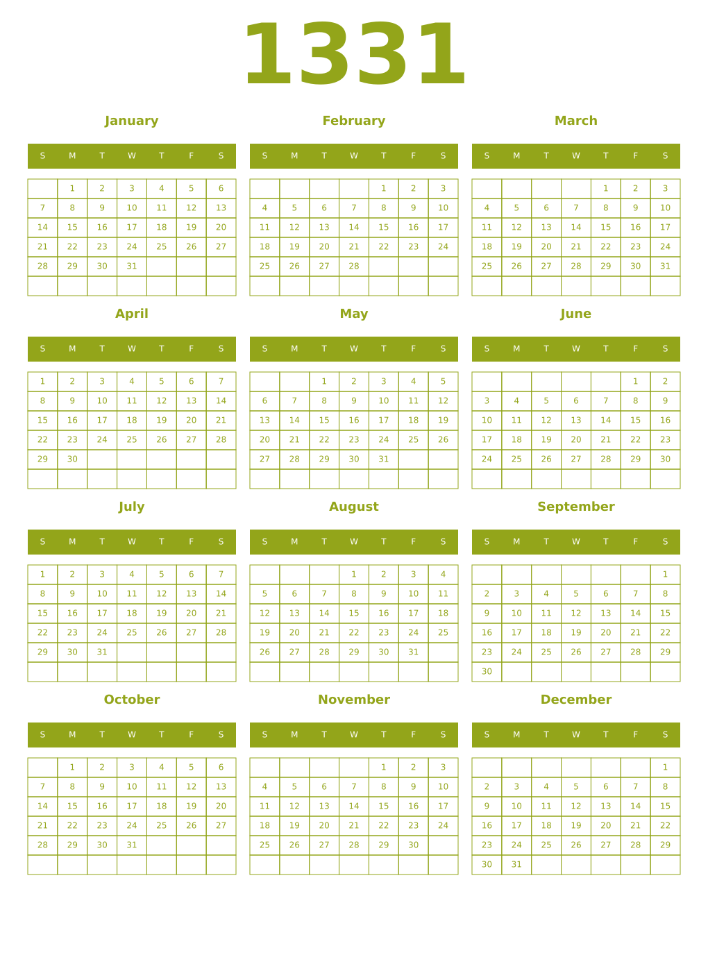 Printable 1331 Year Calendars chartreuse