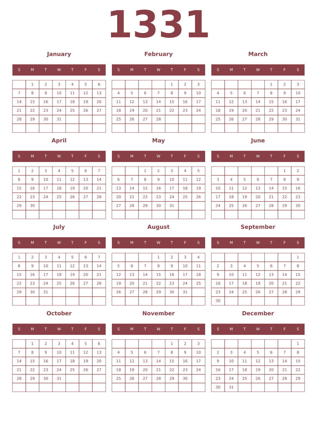 Printable 1331 Year Calendars cordovan
