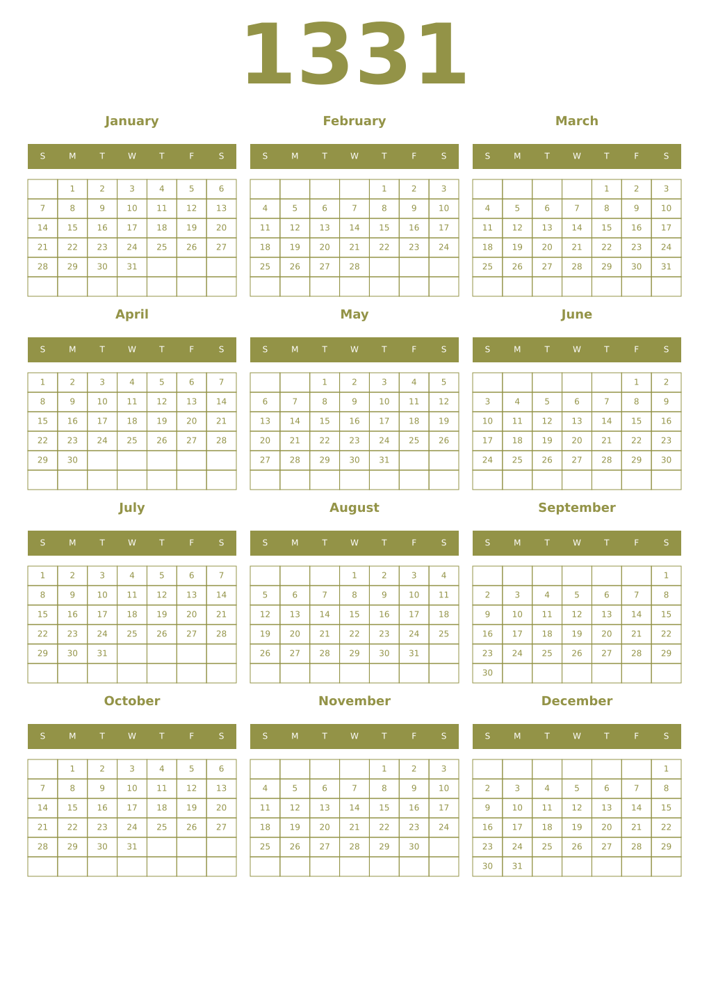 Printable 1331 Year Calendars eburnean