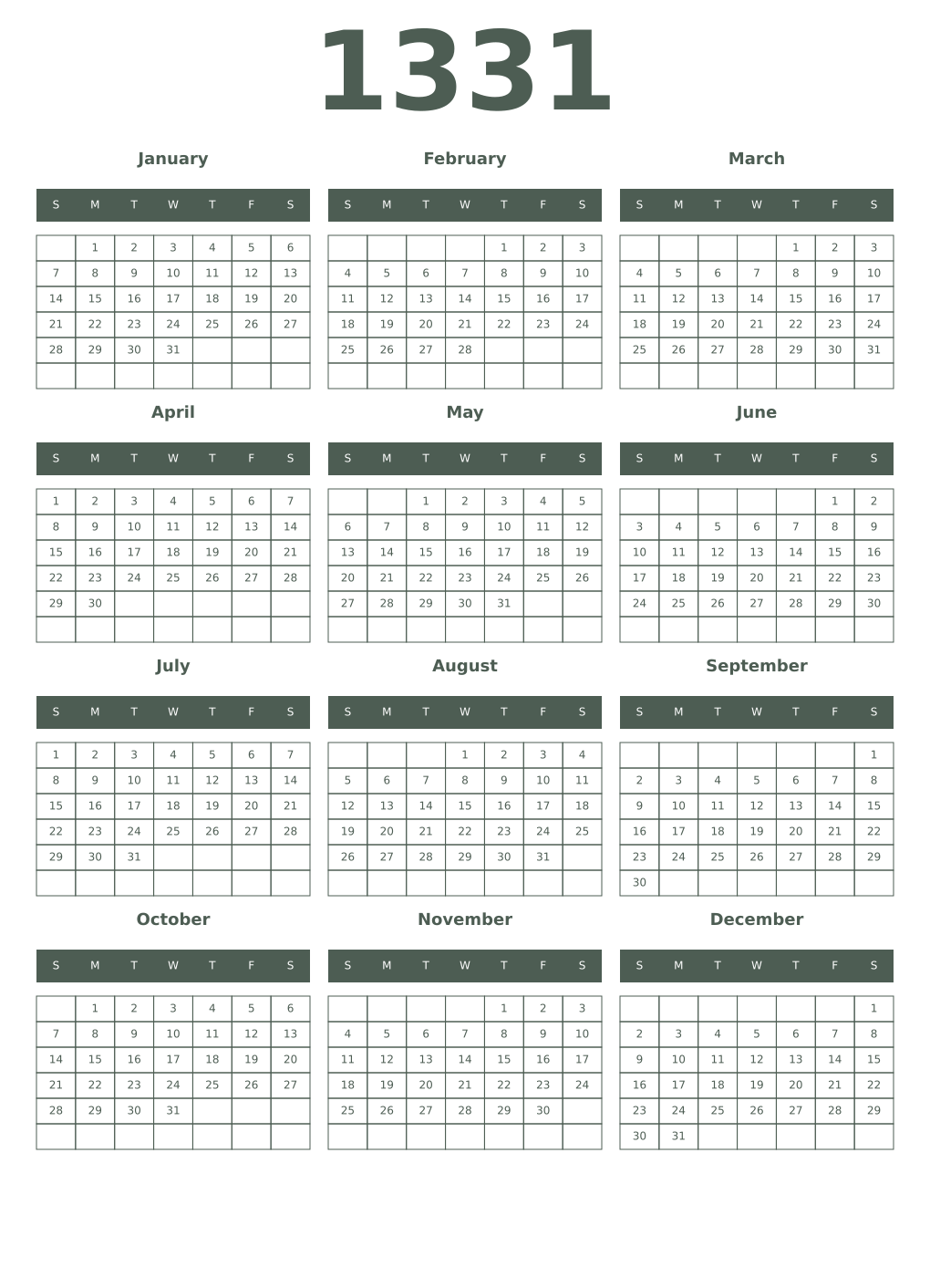 Printable 1331 Year Calendars feldgrau